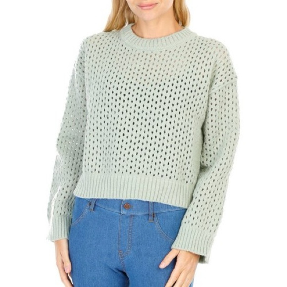 Poof Cuddly Sage Green Sweater Cropped Hollow Out Knit Junior Ladies Small NWT